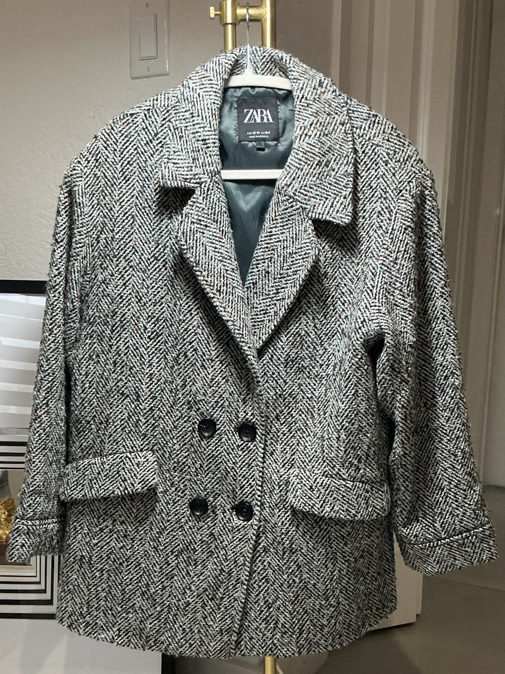 Zara Black & White Herringbone Double-Breasted Blazer Big Kids Size 13-14